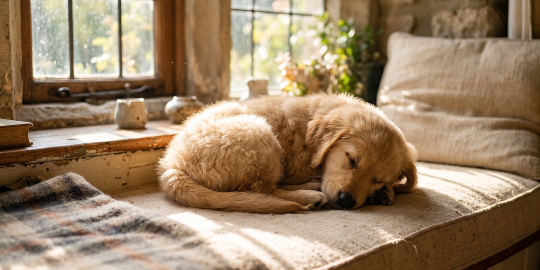 A Golden Retriever resting by a window