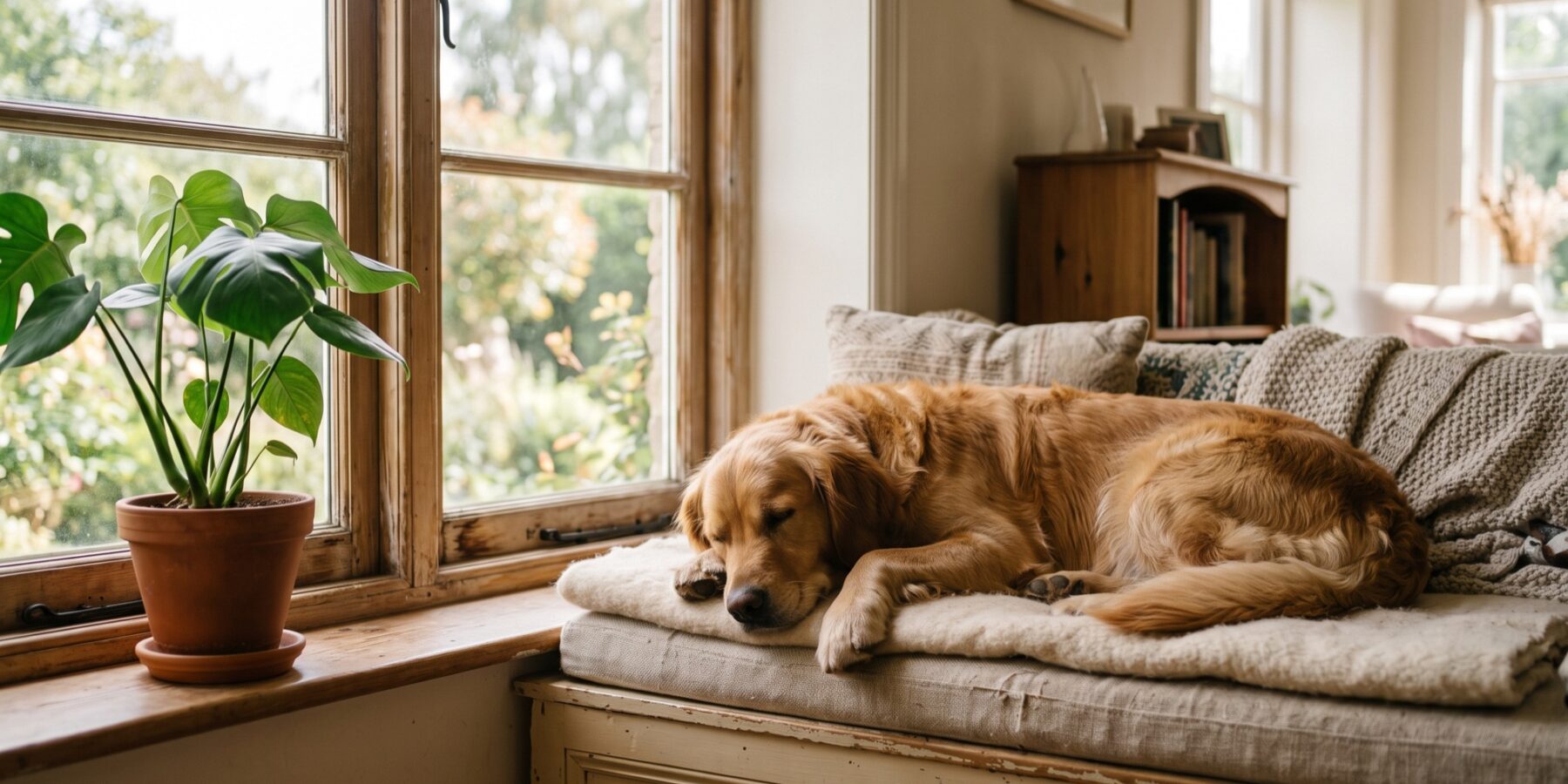 A Golden Retriever resting by a window