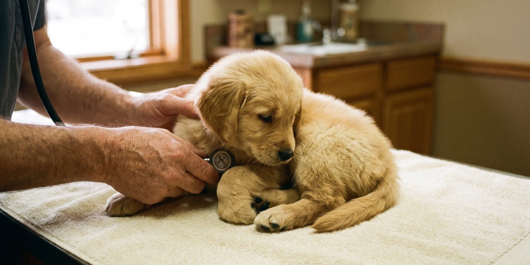 A Golden Retriever puppy being weighed and checked
