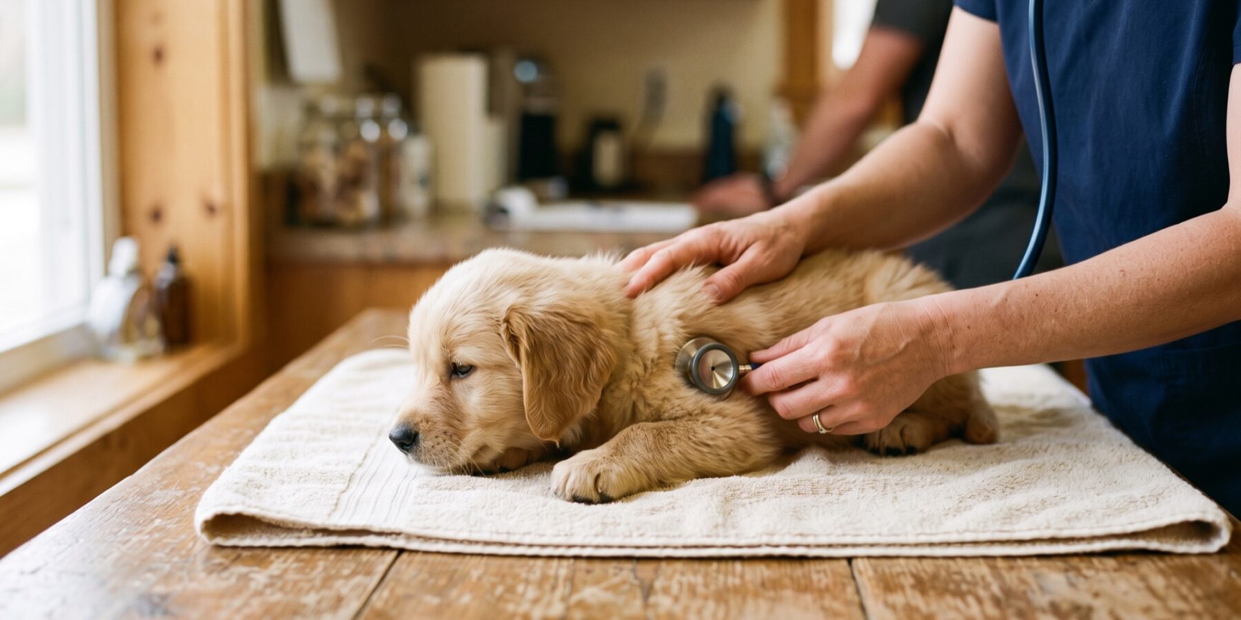 A Golden Retriever puppy being weighed and checked