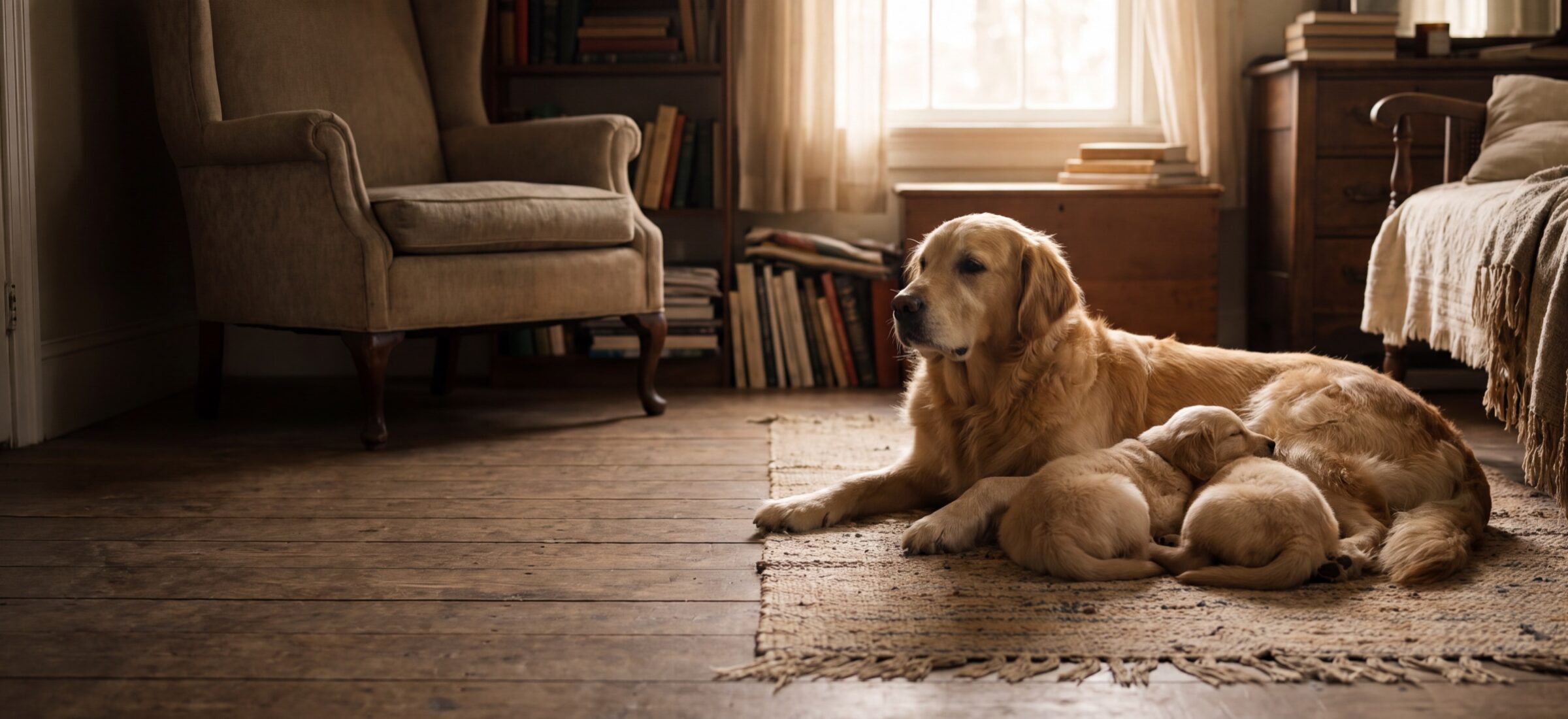 A Golden Retriever mother resting with her puppies in a sunlit family home