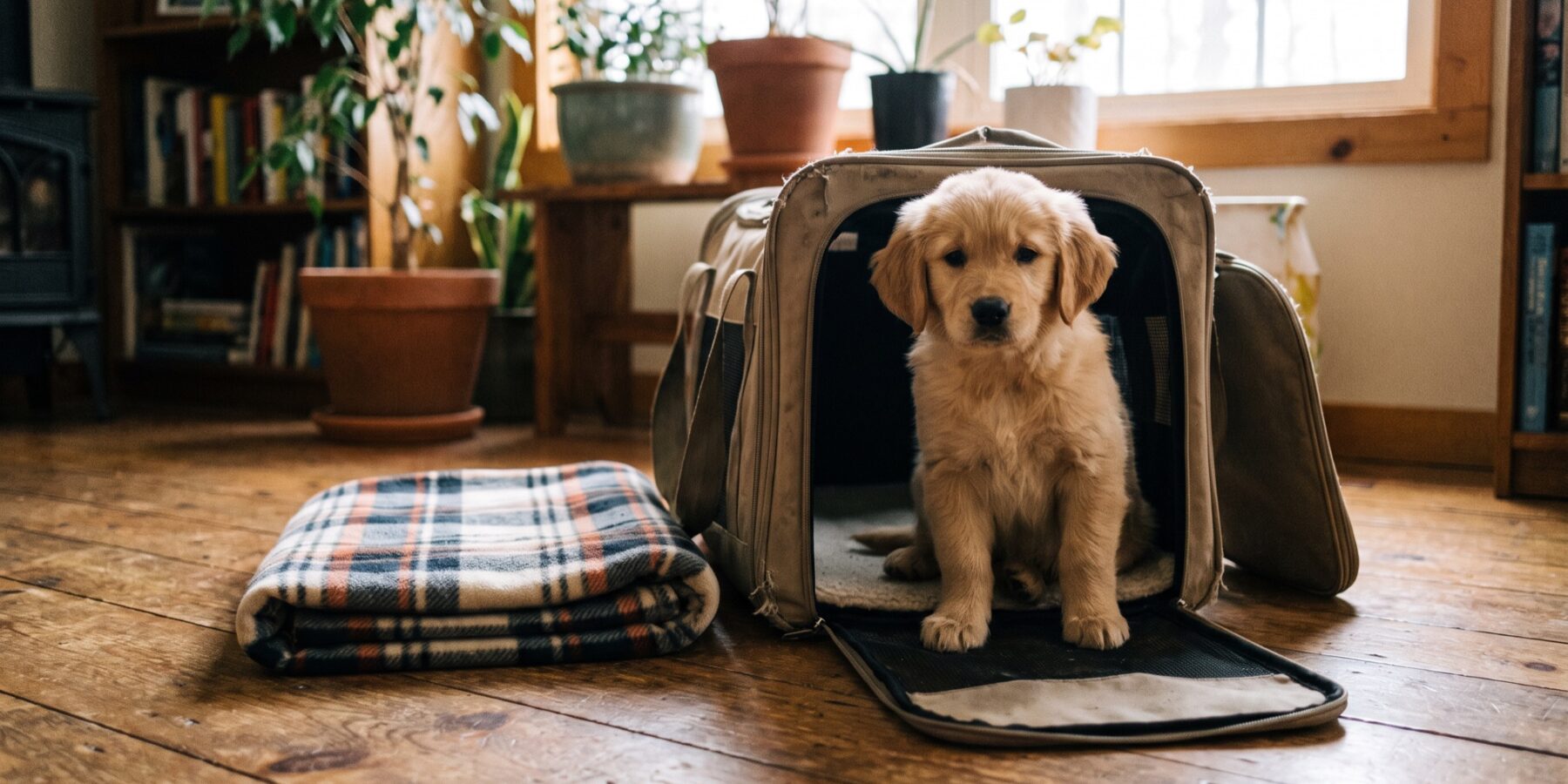 A travel crate prepared for a puppy journey