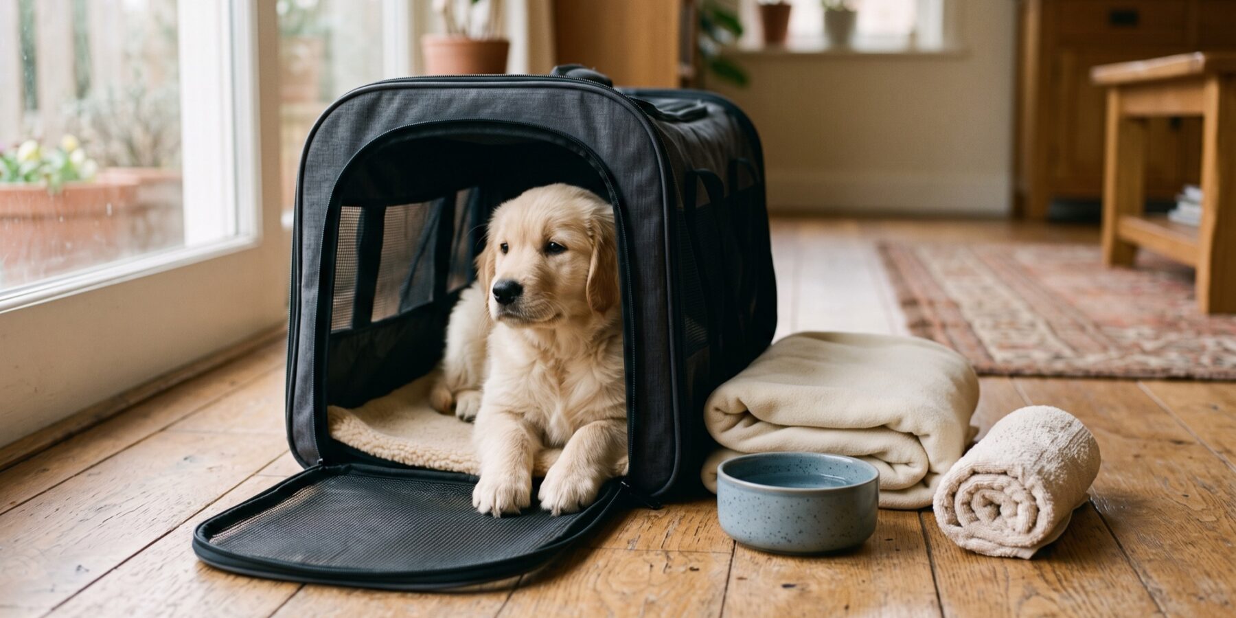 A travel crate prepared for a puppy journey